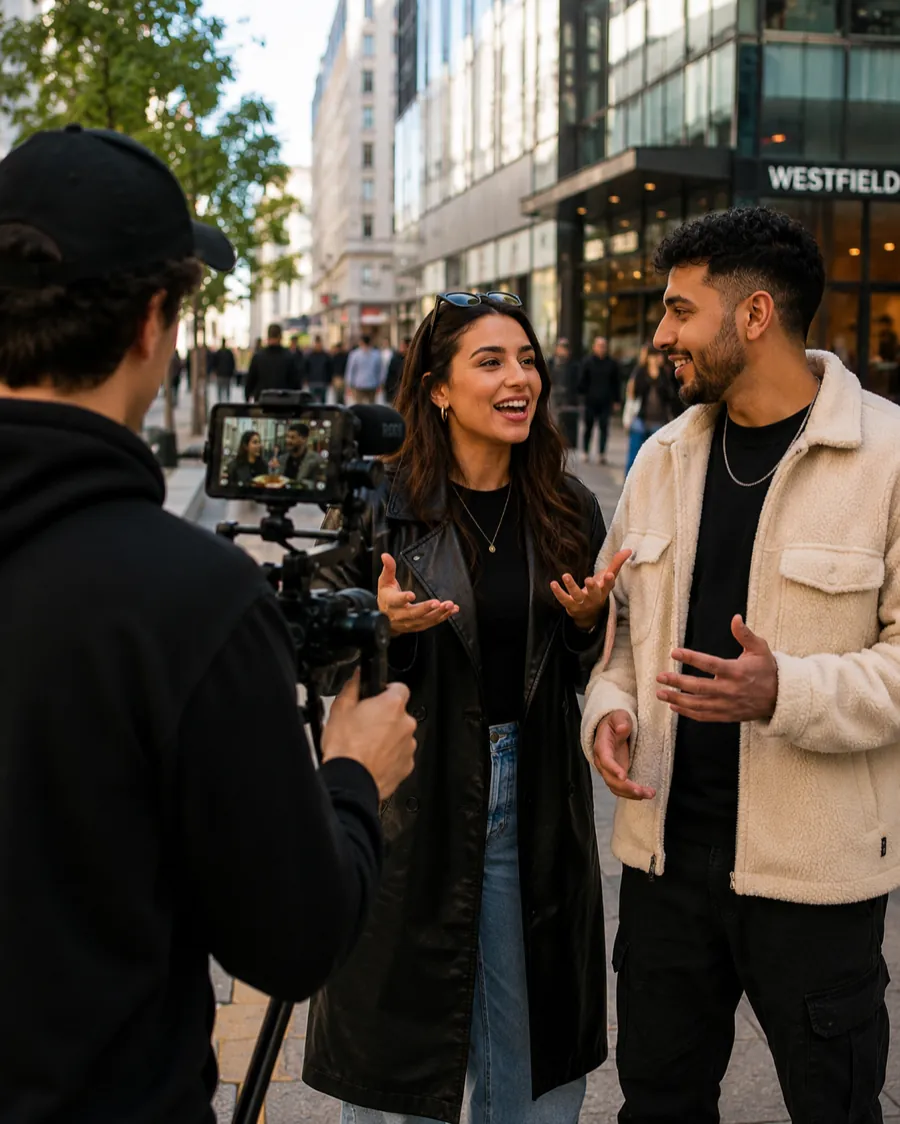 Creators recording short-form street content in London