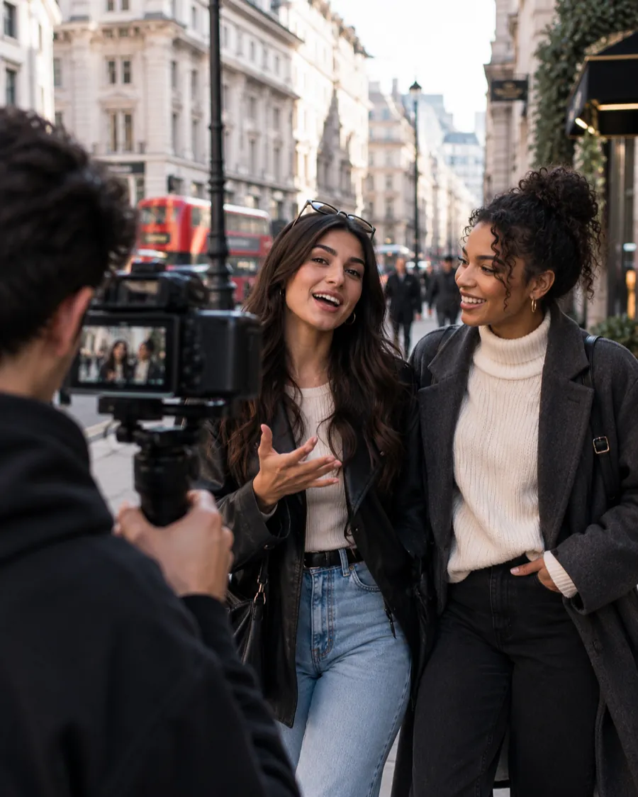 Two creators filmed on a London street for social video