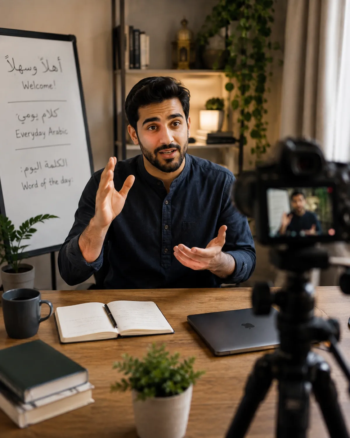 An Arabic language teacher recording a short educational social video for HUQ Reach