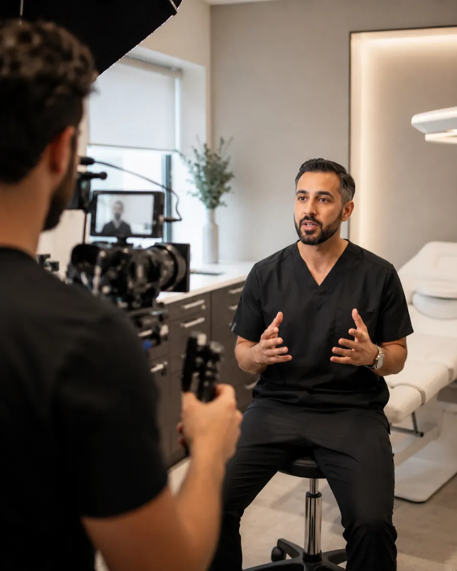 A clinician being filmed explaining a treatment in a private UK clinic