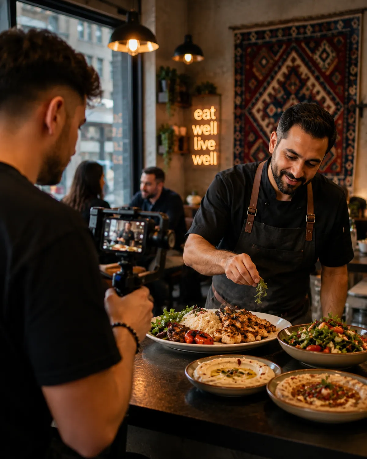A chef being filmed plating food — the content that now drives restaurant discovery
