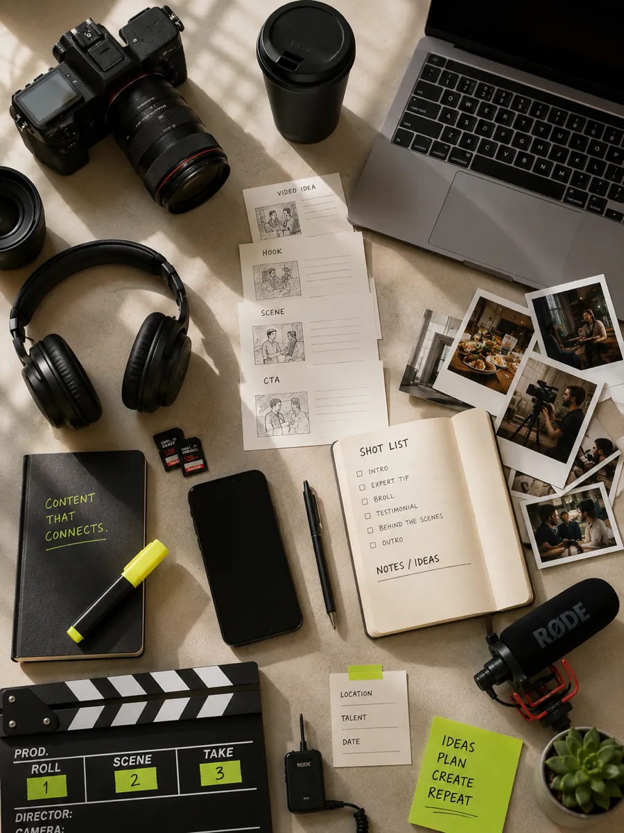 Content strategy planning table with camera, shot list and storyboard cards